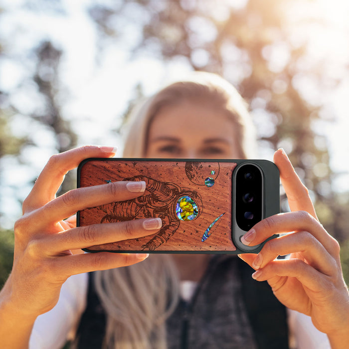 A Celestial Odyssey, Hand-Inlaid Wood & Mother of Pearl Case - Artisanal Cover for Google Pixel