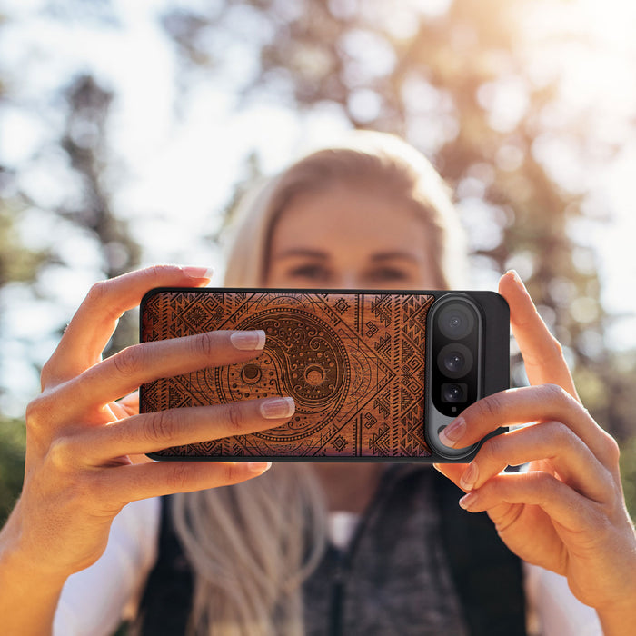 The Yin Yang Sun and Moon, Classic Engraved Wood & TPU Case - Artisanal Cover for Google Pixel