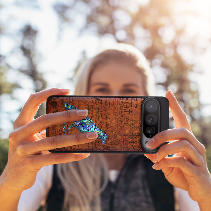 Raven Script, Hand-Inlaid Wood & Mother of Pearl Case - Artisanal Cover for Google Pixel