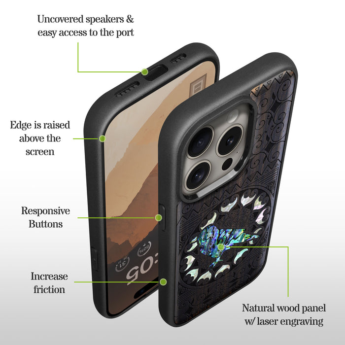 The Zentangle Crow, Hand-Inlaid Wood & Mother of Pearl Case - Artisanal Cover for Apple iPhone