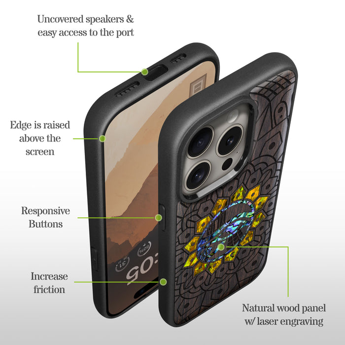 Eternal Horus Mandala, Hand-Inlaid Wood & Mother of Pearl Case - Artisanal Cover for Apple iPhone