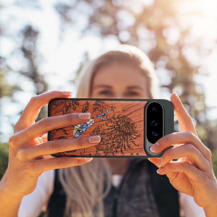 The Chrysanthemum and the Songbird, Hand-Inlaid Wood & Mother of Pearl Case - Artisanal Cover for Google Pixel