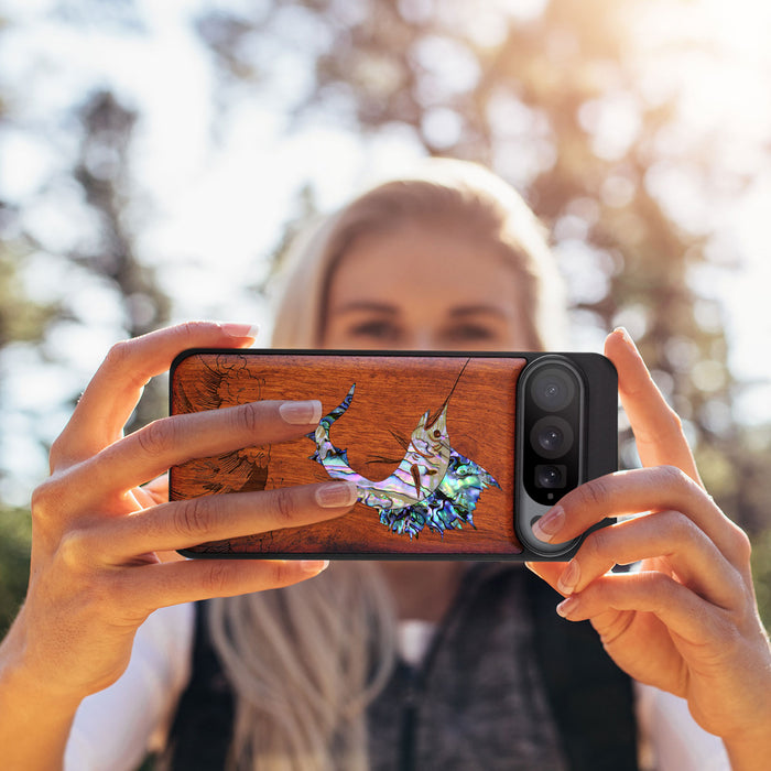 The Soaring Marlin, Hand-Inlaid Wood & Mother of Pearl Case - Artisanal Cover for Google Pixel