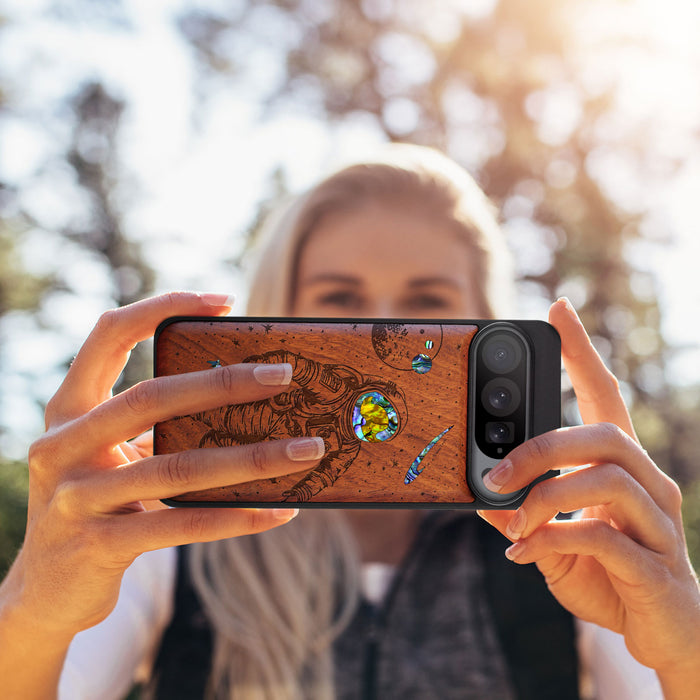 A Celestial Odyssey, Hand-Inlaid Wood & Mother of Pearl Case - Artisanal Cover for Google Pixel