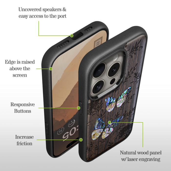 A Dance of Nature, Hand-Inlaid Wood & Mother of Pearl Case - Artisanal Cover for Apple iPhone