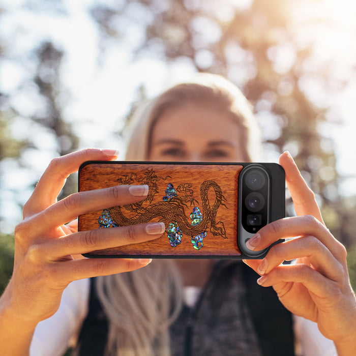 Majestic Chinese Dragon, Hand-Inlaid Wood & Mother of Pearl Case - Artisanal Cover for Google Pixel