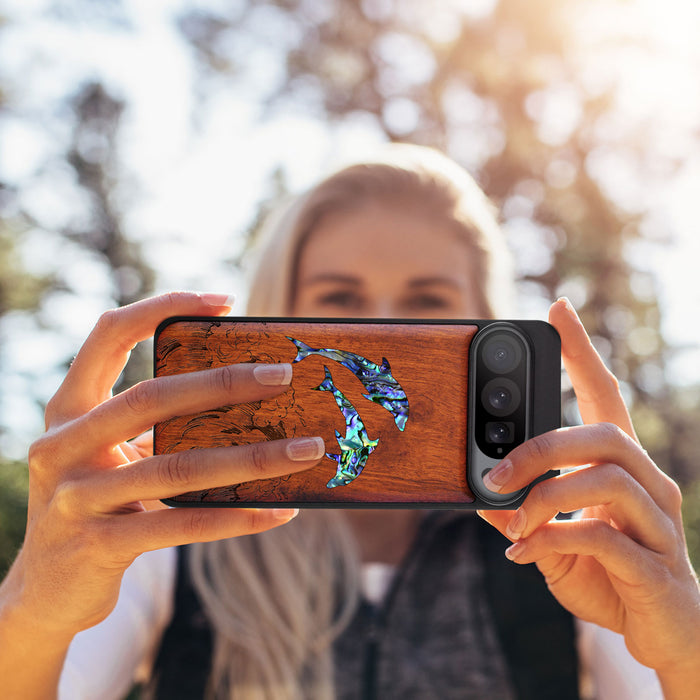 Dual Dolphins in the Waves, Hand-Inlaid Wood & Mother of Pearl Case - Artisanal Cover for Google Pixel