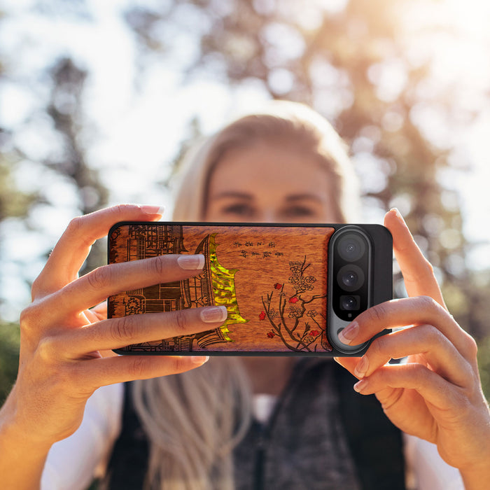 The Ancient Temple Amidst Cherry Blossoms, Hand-Inlaid Wood & Mother of Pearl Case - Artisanal Cover for Google Pixel