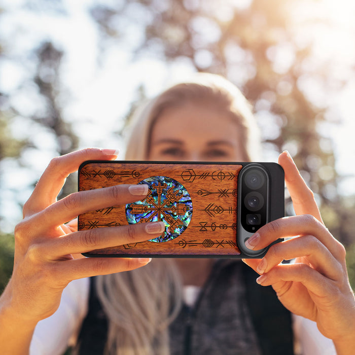 Echoes of Viking Lore, Hand-Inlaid Wood & Mother of Pearl Case - Artisanal Cover for Google Pixel