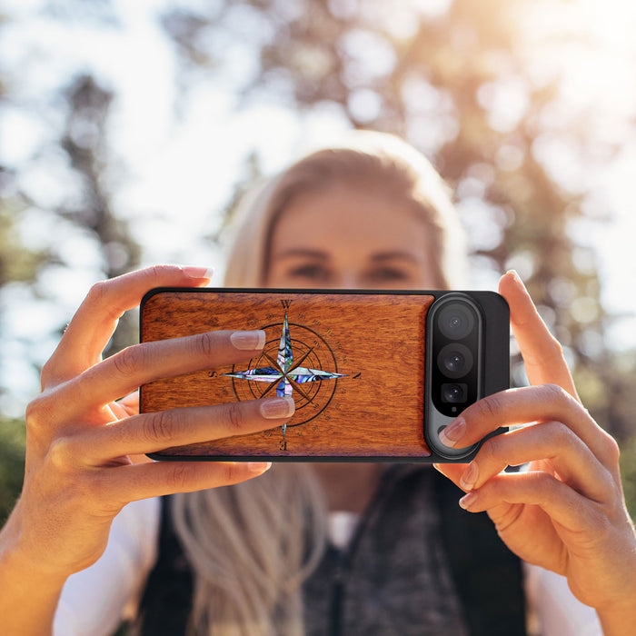 Shell Compass, Hand-Inlaid Wood & Mother of Pearl Case - Artisanal Cover for Google Pixel