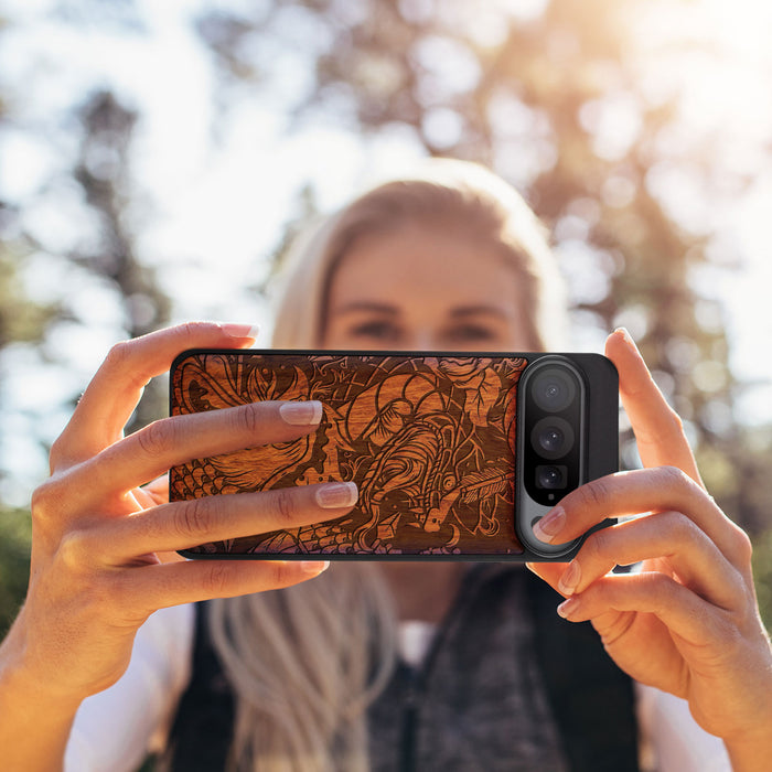 Fierce Mythical Clas, Classic Engraved Wood & TPU Case - Artisanal Cover for Google Pixel