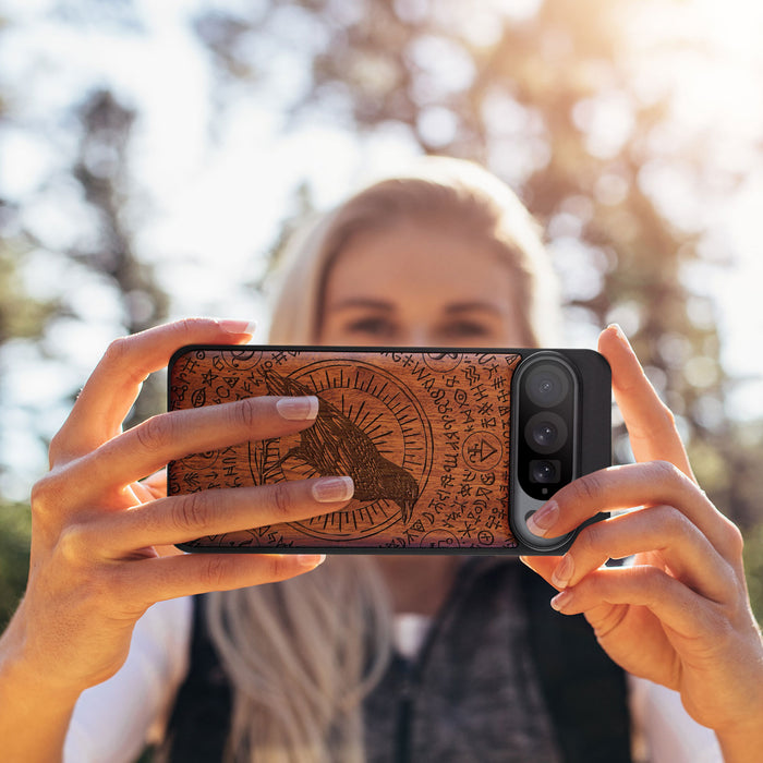 The Haloed Crow, Classic Engraved Wood & TPU Case - Artisanal Cover for Google Pixel