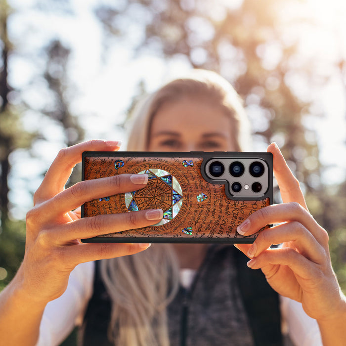 The Sacred Seals, Hand-Inlaid Wood & Mother of Pearl Case - Artisanal Cover for Samsung Galaxy
