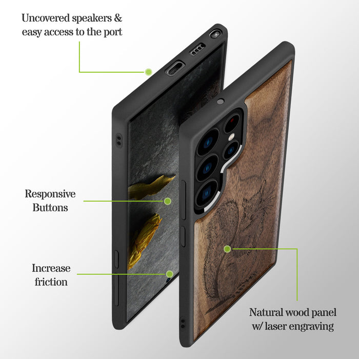 The Squirrel Sketch, Classic Engraved Wood & TPU Case - Artisanal Cover for Samsung Galaxy