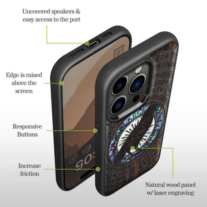 The Haloed Crow, Hand-Inlaid Wood & Mother of Pearl Case - Artisanal Cover for Apple iPhone