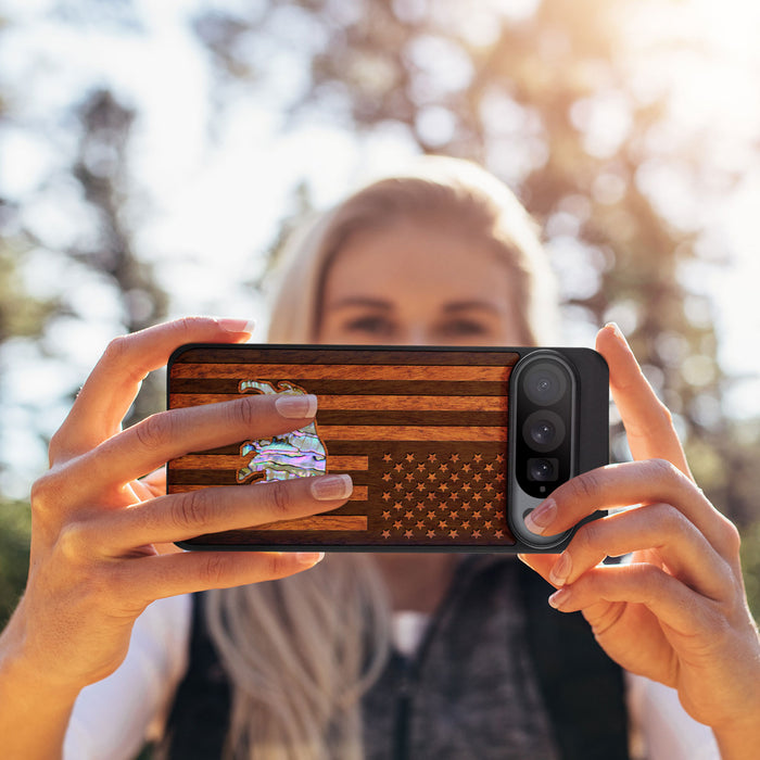 American Flag, Bison, Hand-Inlaid Wood & Mother of Pearl Case - Artisanal Cover for Google Pixel