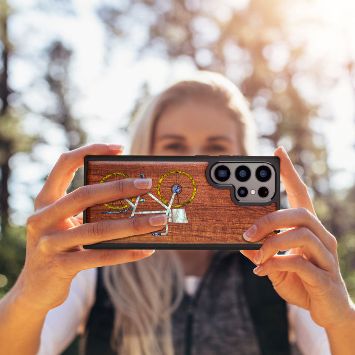 Classic Bicycle Silhouette, Hand-Inlaid Wood & Mother of Pearl Case - Artisanal Cover for Samsung Galaxy