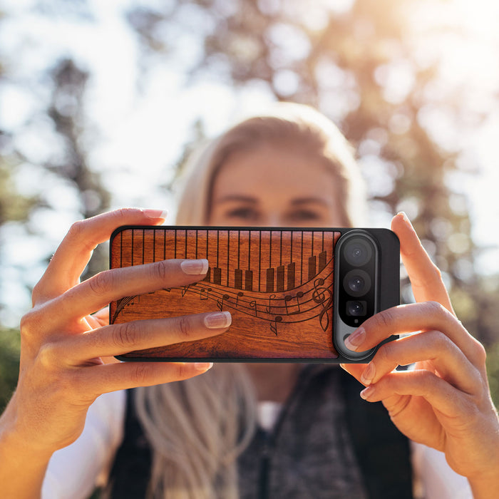 Melodic Waves, Classic Engraved Wood & TPU Case - Artisanal Cover for Google Pixel