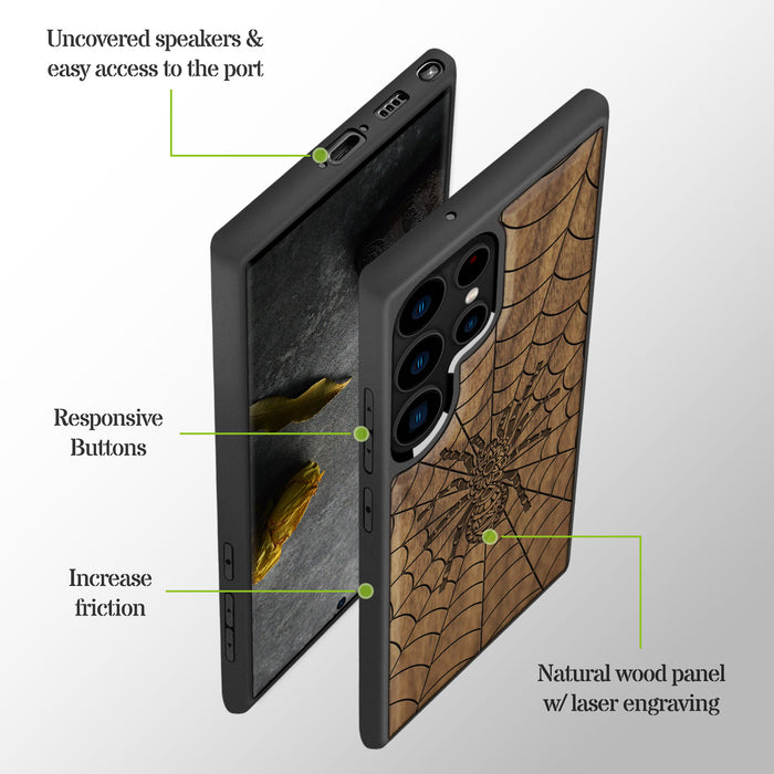 Elegant Webbed Wonder, Classic Engraved Wood & TPU Case - Artisanal Cover for Samsung Galaxy