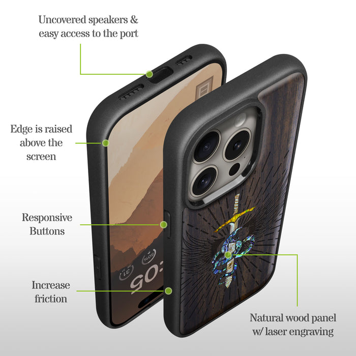 Serpent Winged Sword, Hand-Inlaid Wood & Mother of Pearl Case - Artisanal Cover for Apple iPhone