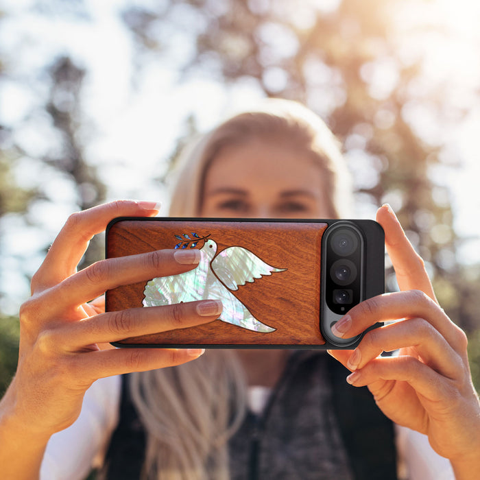 The Dove with Olive Branch, Hand-Inlaid Wood & Mother of Pearl Case - Artisanal Cover for Google Pixel