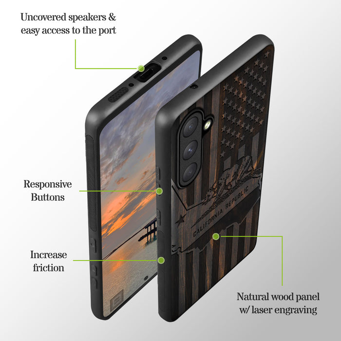 California's Emblematic Tribute, Classic Engraved Wood & TPU Case - Artisanal Cover for Samsung Galaxy