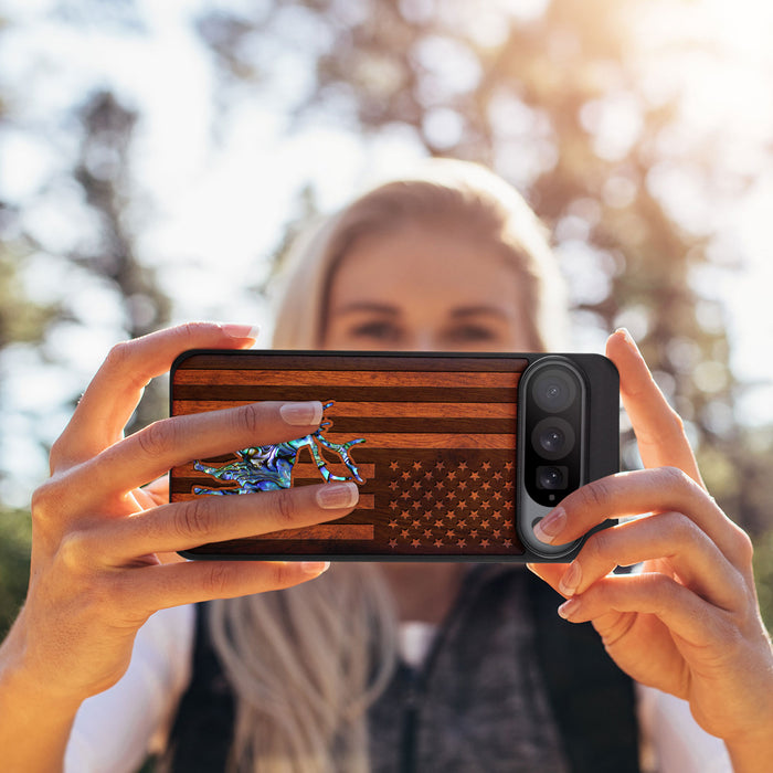 American Flag, Deer, Hand-Inlaid Wood & Mother of Pearl Case - Artisanal Cover for Google Pixel