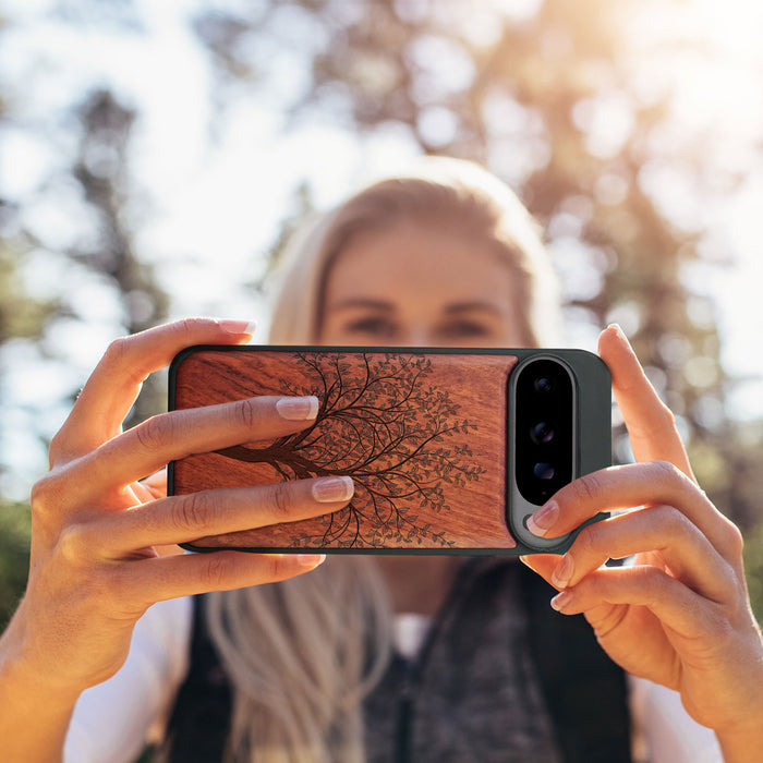 Line Tree, Classic Engraved Wood & TPU Case - Artisanal Cover for Google Pixel