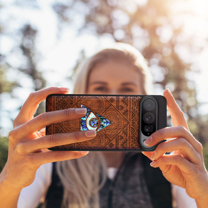 The All-Seeing Eye, Hand-Inlaid Wood & Mother of Pearl Case - Artisanal Cover for Google Pixel