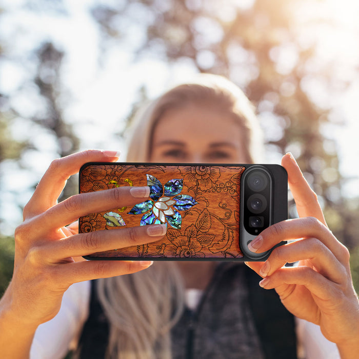 A Seamless Pattern of Flowers and Leaves, Hand-Inlaid Wood & Mother of Pearl Case - Artisanal Cover for Google Pixel