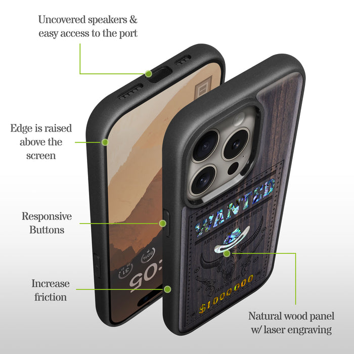 Western Wanted Poster, Hand-Inlaid Wood & Mother of Pearl Case - Artisanal Cover for Apple iPhone