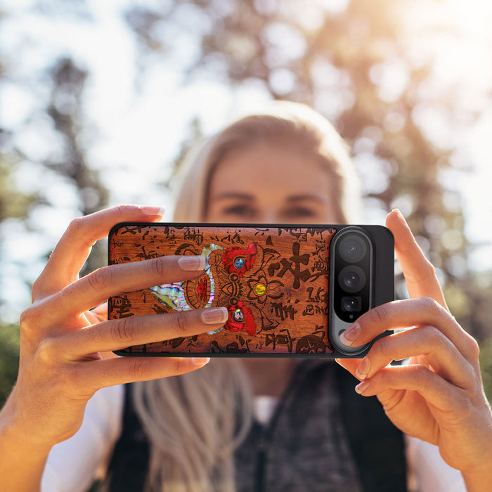 Chinese Lion, Hand-Inlaid Wood & Mother of Pearl Case - Artisanal Cover for Google Pixel