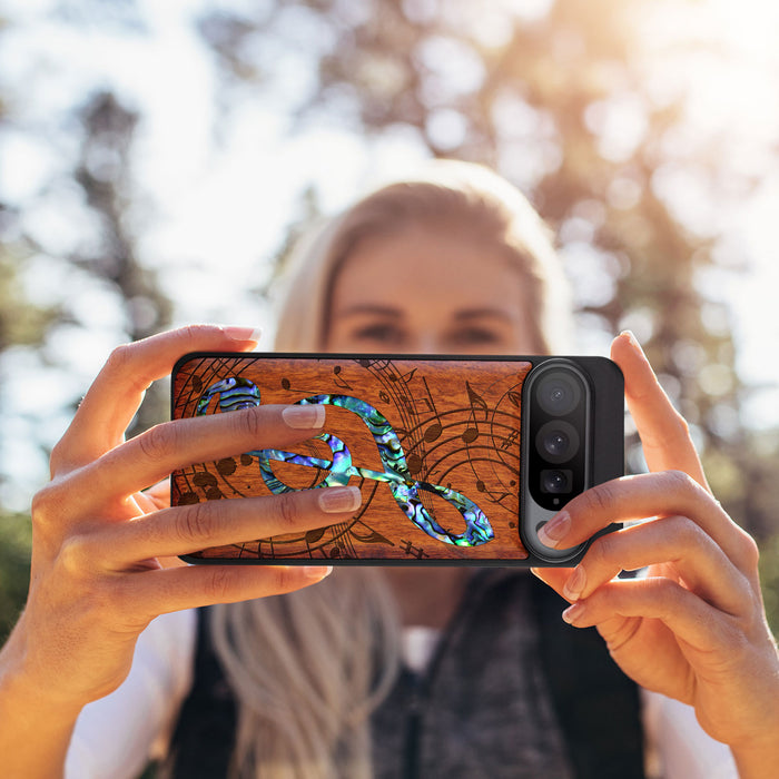 The Grand Clef and Musical Notes, Hand-Inlaid Wood & Mother of Pearl Case - Artisanal Cover for Google Pixel