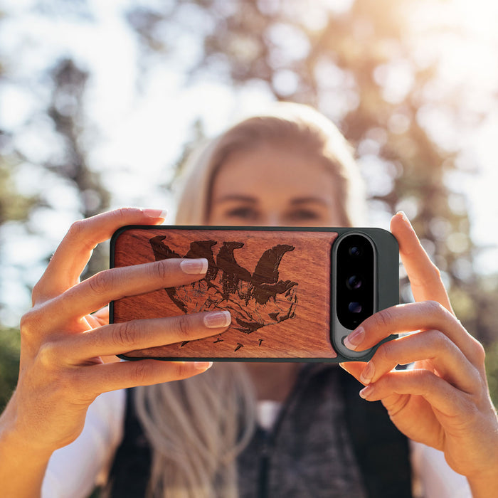 Majestic Bear in Nature's Embrace, Classic Engraved Wood & TPU Case - Artisanal Cover for Google Pixel