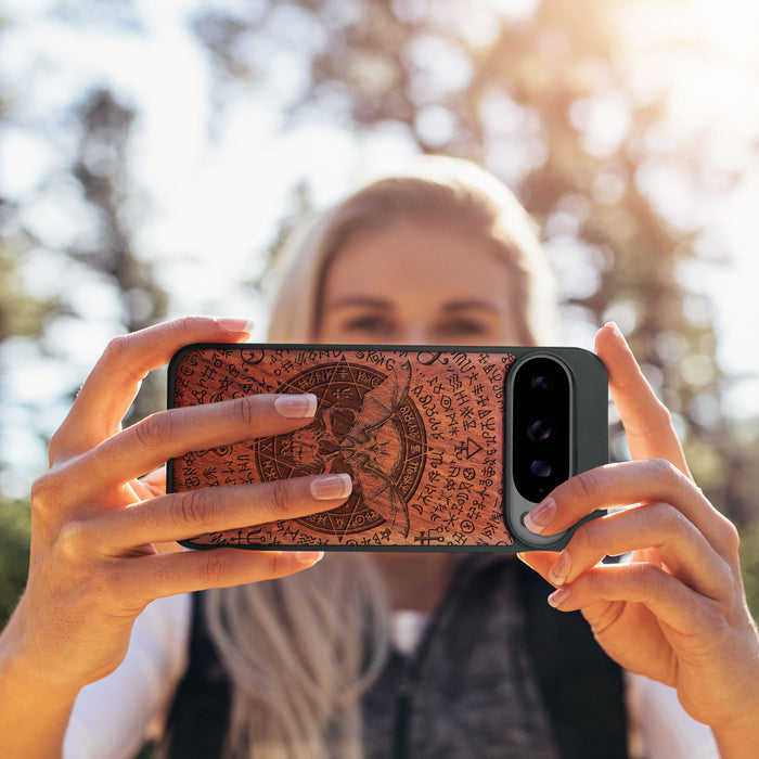 Bat and Skull within the Octagonal Star, Classic Engraved Wood & TPU Case - Artisanal Cover for Google Pixel