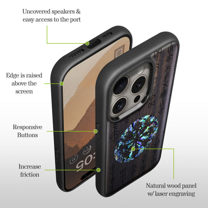 Echoes of Viking Lore, Hand-Inlaid Wood & Mother of Pearl Case - Artisanal Cover for Apple iPhone