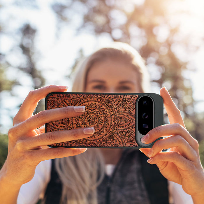 Floral Mandala, Classic Engraved Wood & TPU Case - Artisanal Cover for Google Pixel
