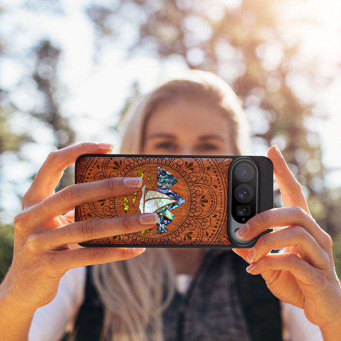 Oceanic Mandala Calm, Hand-Inlaid Wood & Mother of Pearl Case - Artisanal Cover for Google Pixel