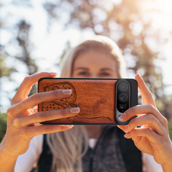 Stingray in Scratch Board Artistry, Classic Engraved Wood & TPU Case - Artisanal Cover for Google Pixel