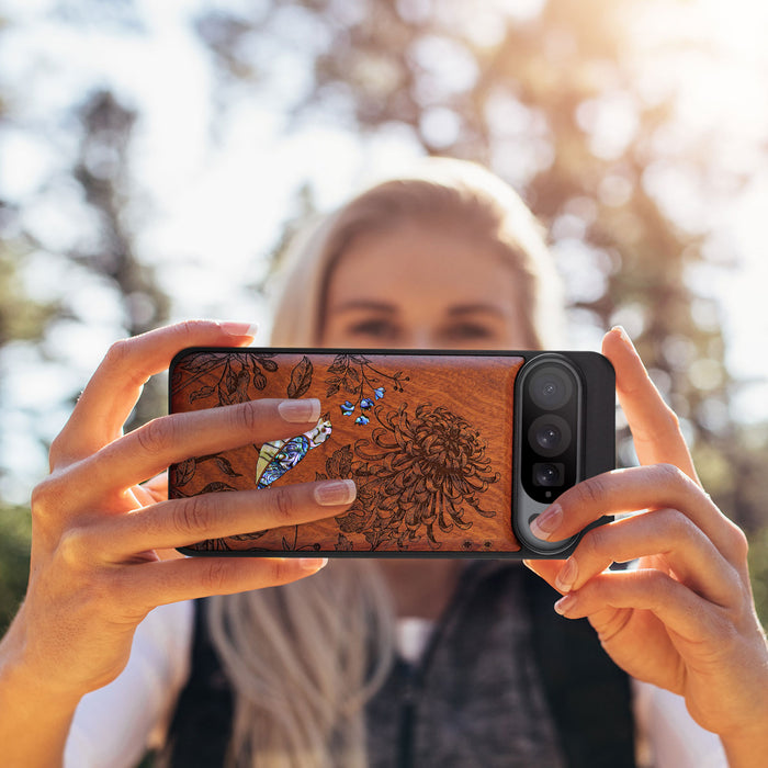 The Chrysanthemum and the Songbird, Hand-Inlaid Wood & Mother of Pearl Case - Artisanal Cover for Google Pixel