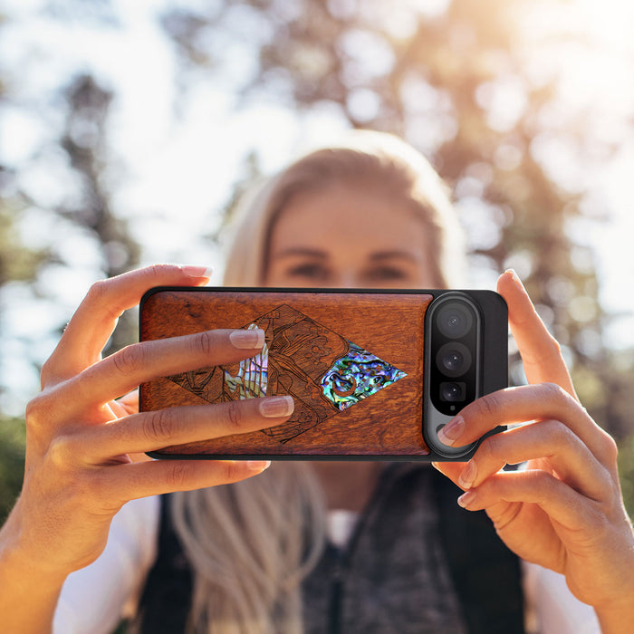 A Glimpse into the Starlit Wilderness, Hand-Inlaid Wood & Mother of Pearl Case - Artisanal Cover for Google Pixel