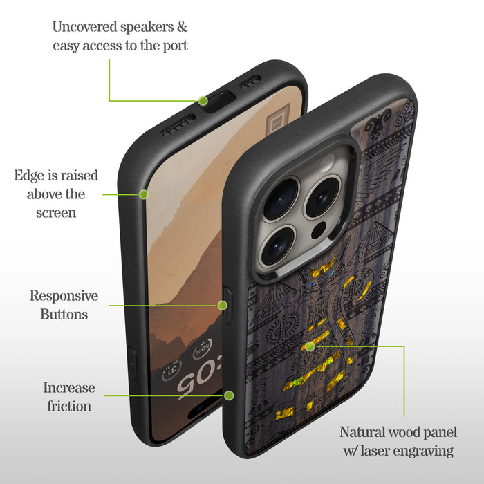 Eternal Watcher, Hand-Inlaid Wood & Mother of Pearl Case - Artisanal Cover for Apple iPhone