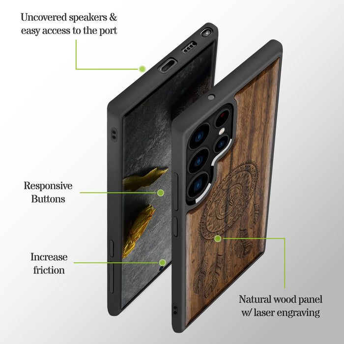 The Dreamcatcher's Embrace, Classic Engraved Wood & TPU Case - Artisanal Cover for Samsung Galaxy