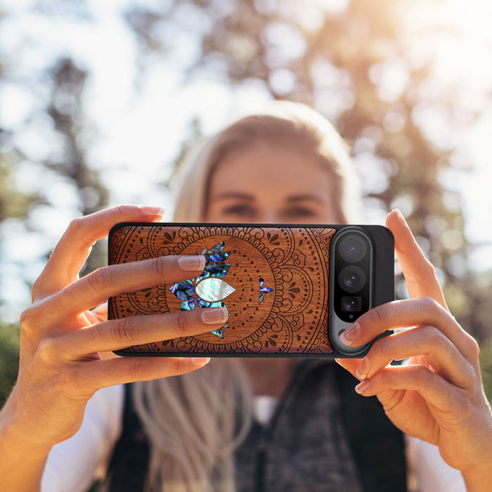 Lotus Mandala Essence, Hand-Inlaid Wood & Mother of Pearl Case - Artisanal Cover for Google Pixel