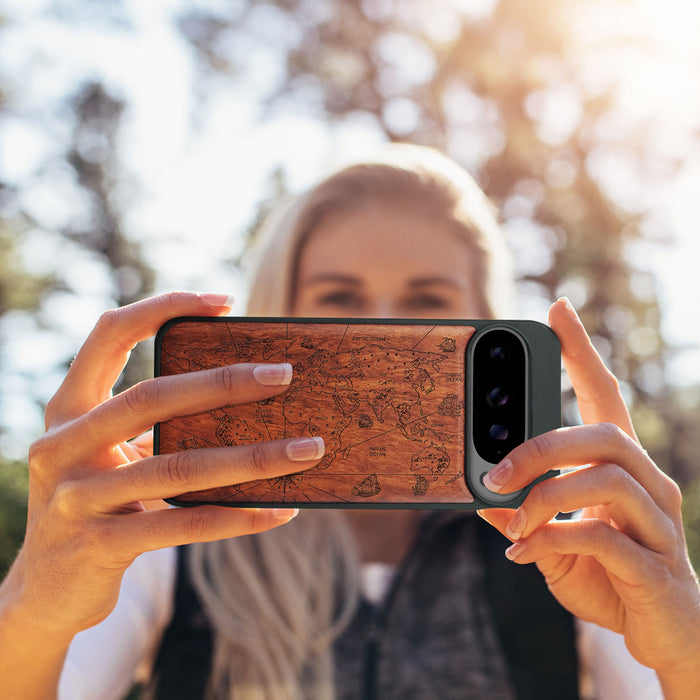 Physical World Map with Antique Travel Ship, Classic Engraved Wood & TPU Case - Artisanal Cover for Google Pixel