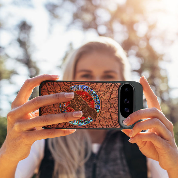 Luminous Crow Amidst Forest Lattice, Hand-Inlaid Wood & Mother of Pearl Case - Artisanal Cover for Google Pixel