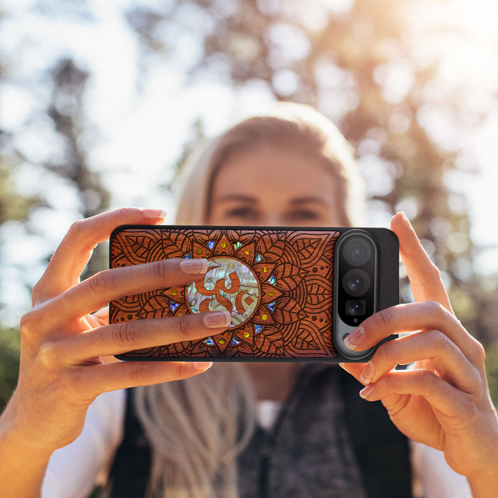 Harmony's Whisper Mandala, Hand-Inlaid Wood & Mother of Pearl Case - Artisanal Cover for Google Pixel