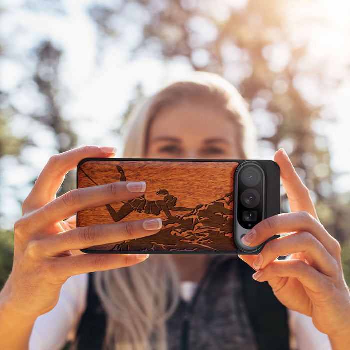 Woman Ascending the Cliff, Classic Engraved Wood & TPU Case - Artisanal Cover for Google Pixel