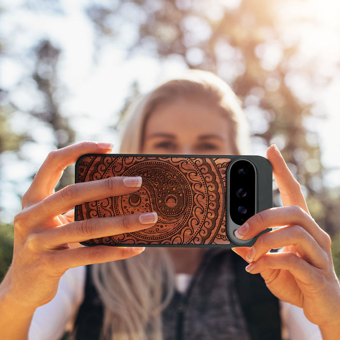 The Yin Yang Paisley, Classic Engraved Wood & TPU Case - Artisanal Cover for Google Pixel