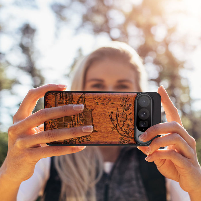 The Ancient Temple Amidst Cherry Blossoms, Classic Engraved Wood & TPU Case - Artisanal Cover for Google Pixel